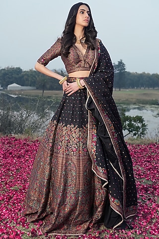 Black Vegan Silk Embellished Lehenga Set by Safaa