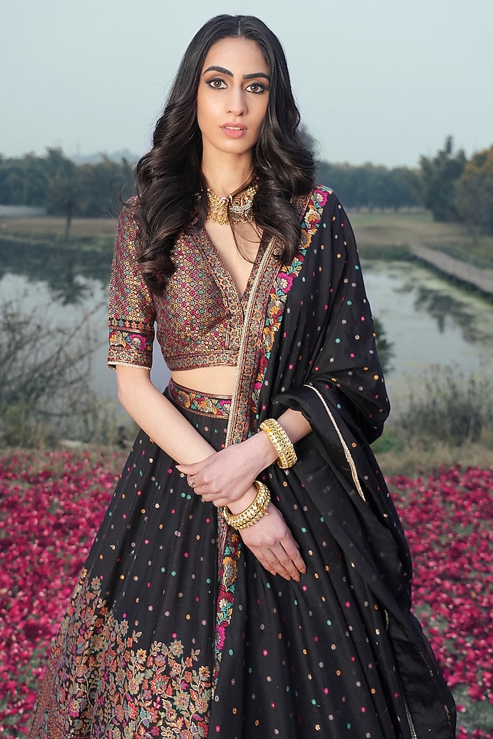 Black Vegan Silk Embellished Wedding Lehenga Set by Safaa at Pernia's Pop Up Shop