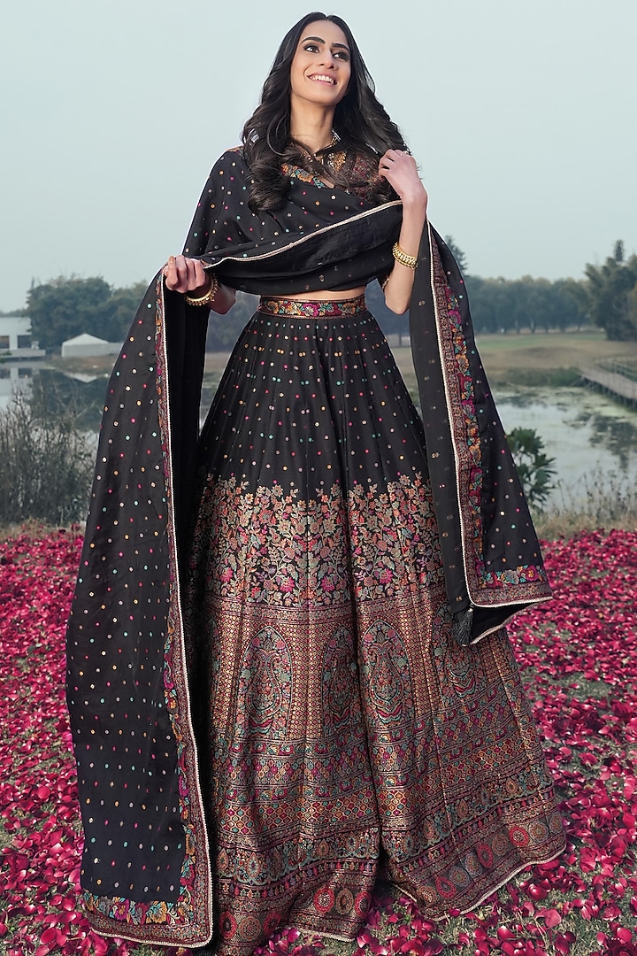 Black Vegan Silk Embellished Wedding Lehenga Set by Safaa at Pernia's Pop Up Shop