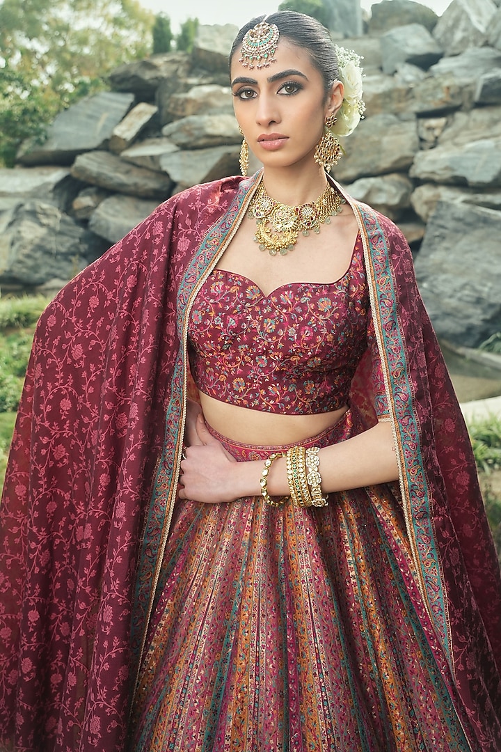 Maroon Vegan Silk Wedding Lehenga Set by Safaa at Pernia's Pop Up Shop