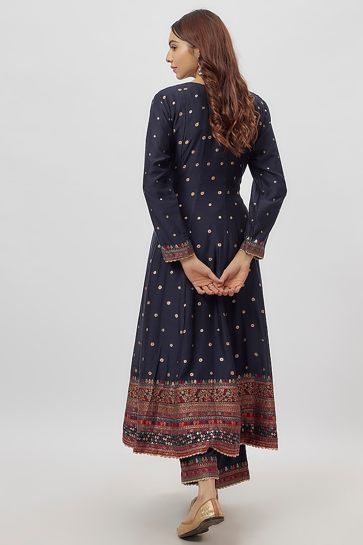Blue Vegan Silk Zari Work Wedding Anarkali Set by Safaa at Pernia's Pop Up Shop