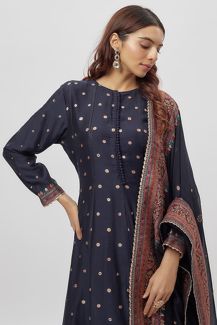 Blue Vegan Silk Zari Work Wedding Anarkali Set by Safaa at Pernia's Pop Up Shop
