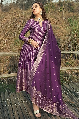 Purple Vegan Silk Anarkali Set by Safaa