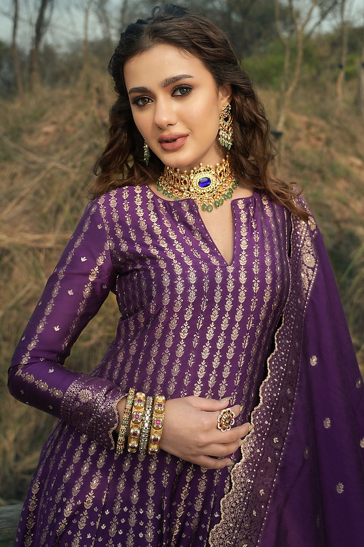 Purple Vegan Silk Wedding Anarkali Set by Safaa at Pernia's Pop Up Shop