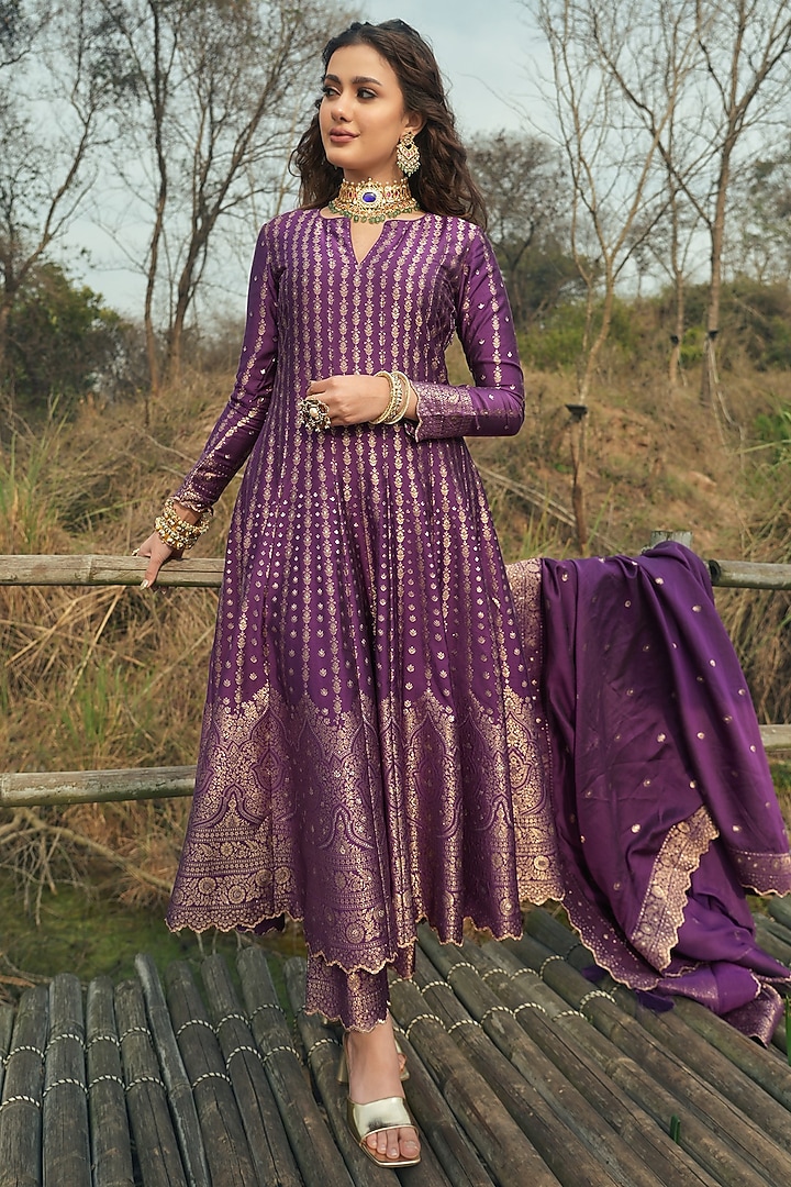 Purple Vegan Silk Wedding Anarkali Set by Safaa at Pernia's Pop Up Shop