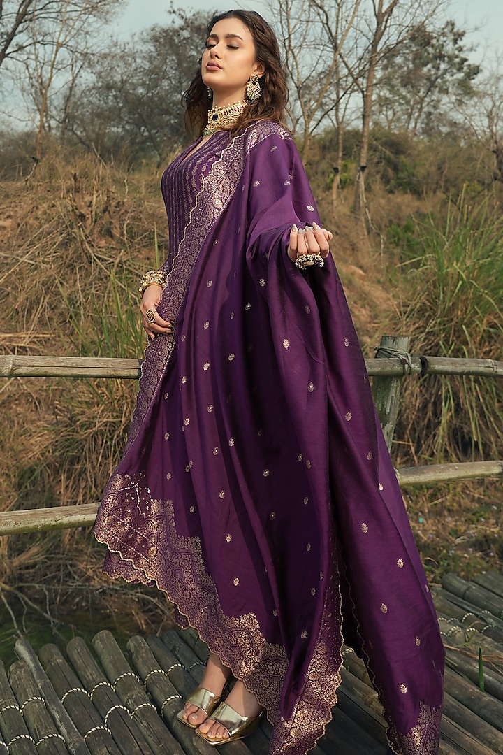 Purple Vegan Silk Wedding Anarkali Set by Safaa at Pernia's Pop Up Shop