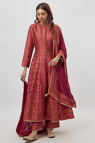 Red Vegan Silk Zari Work Anarkali Set by Safaa