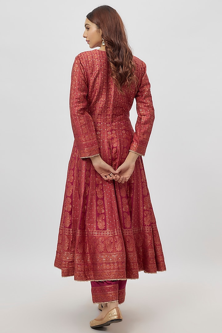 Red Vegan Silk Zari Work Wedding Anarkali Set by Safaa at Pernia's Pop Up Shop