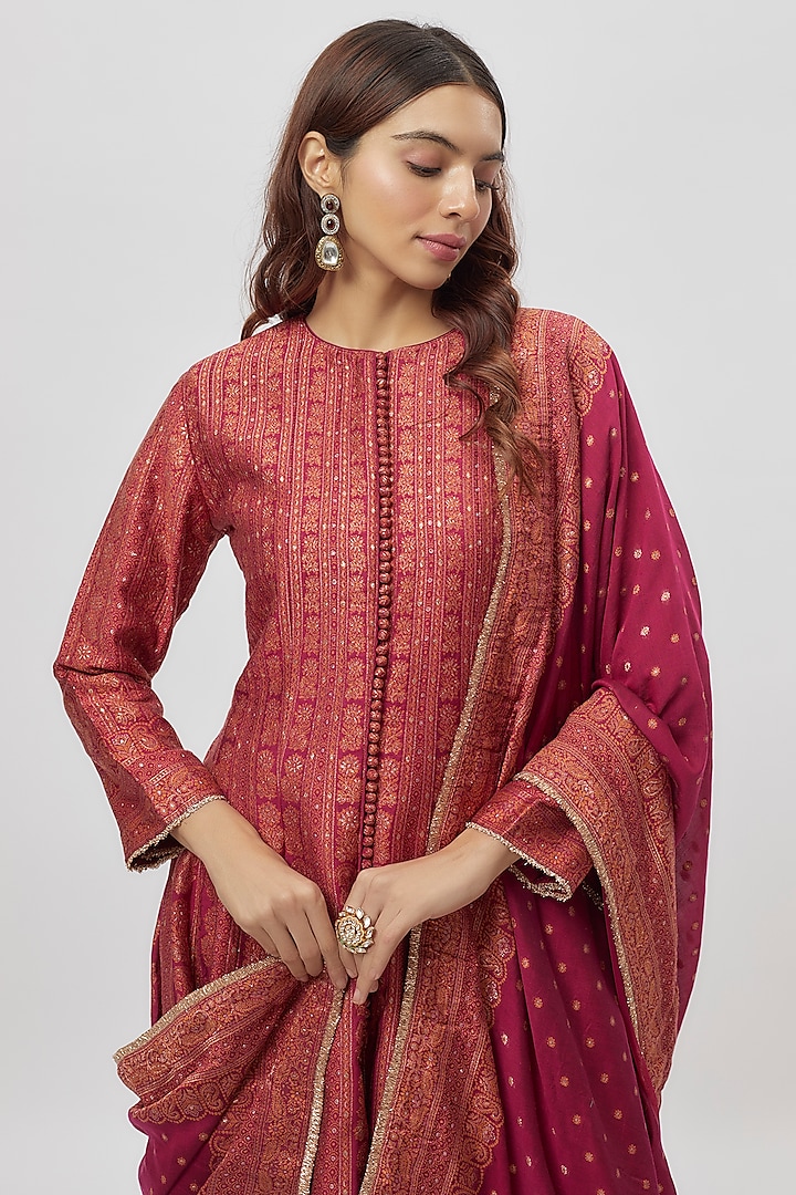 Red Vegan Silk Zari Work Wedding Anarkali Set by Safaa at Pernia's Pop Up Shop