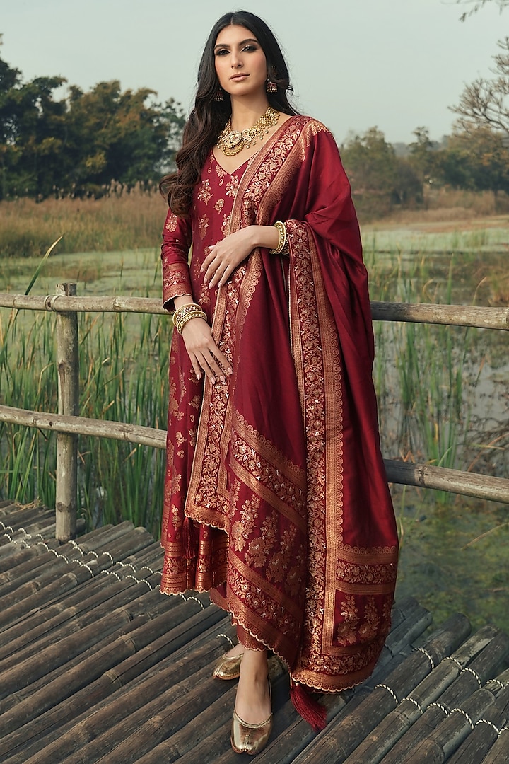 Deep Red Vegan Silk Anarkali Set by Safaa