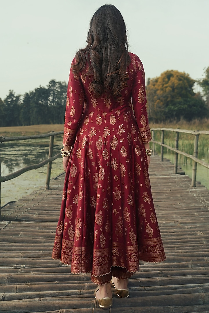 Deep Red Vegan Silk Wedding Anarkali Set by Safaa at Pernia's Pop Up Shop