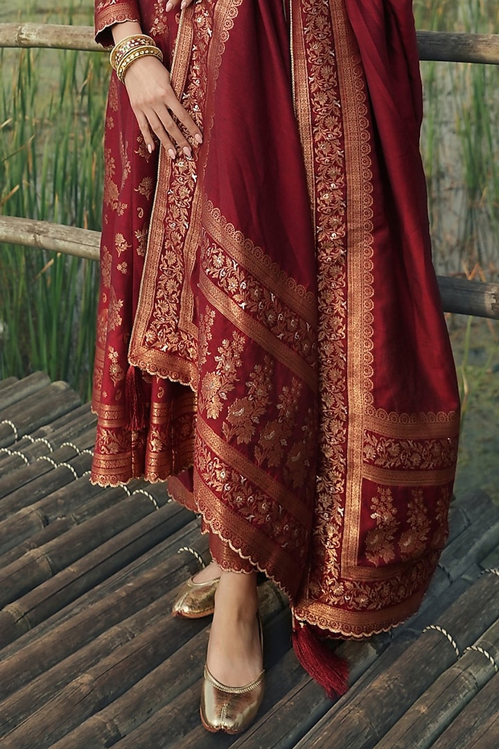 Deep Red Vegan Silk Wedding Anarkali Set by Safaa at Pernia's Pop Up Shop