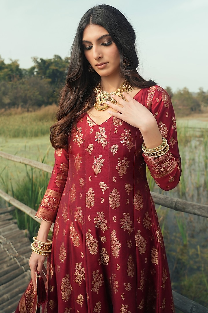 Deep Red Vegan Silk Wedding Anarkali Set by Safaa at Pernia's Pop Up Shop