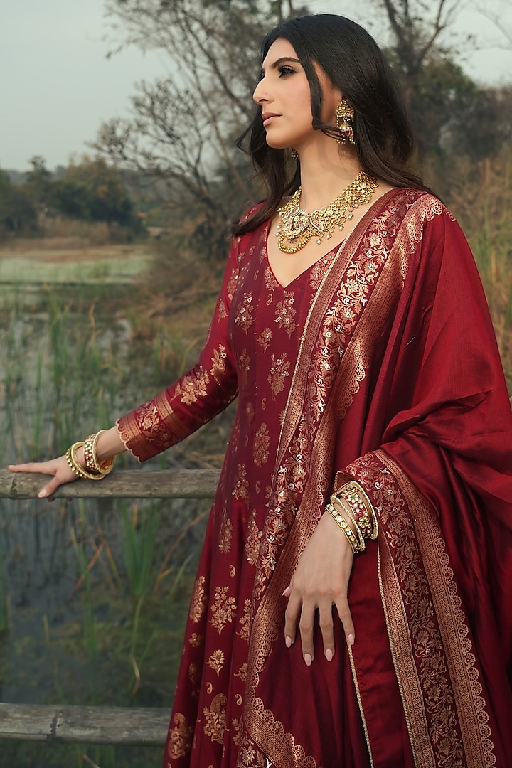 Deep Red Vegan Silk Wedding Anarkali Set by Safaa at Pernia's Pop Up Shop