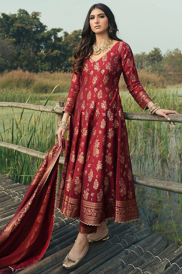 Deep Red Vegan Silk Wedding Anarkali Set by Safaa at Pernia's Pop Up Shop