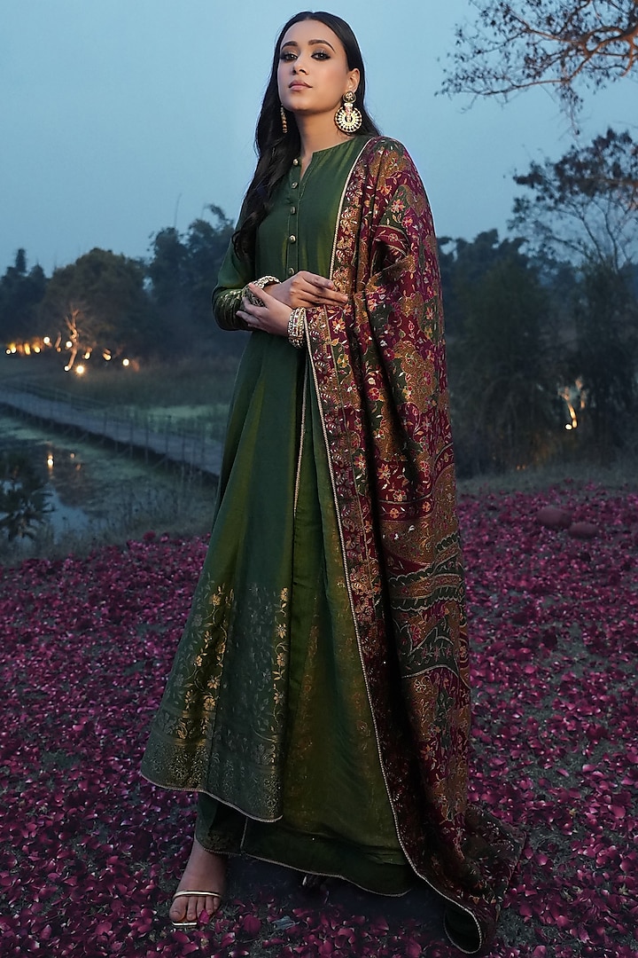 Forest Green Vegan Silk Woven Anarkali Set by Safaa