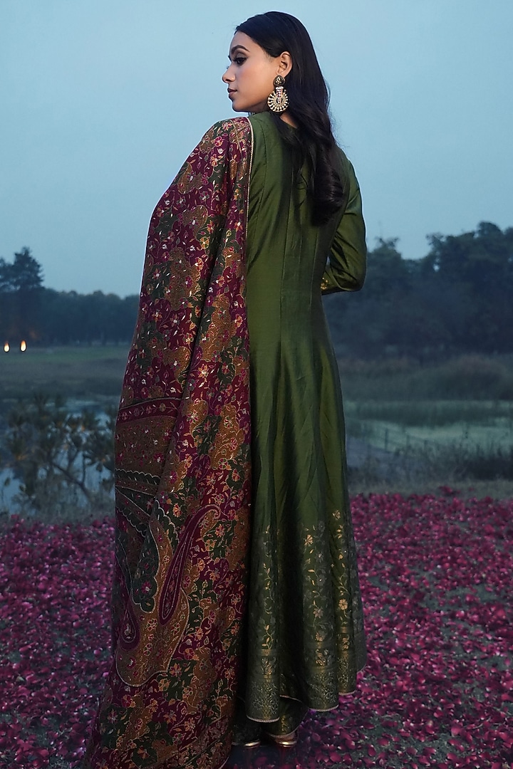 Forest Green Vegan Silk Woven Wedding Anarkali Set by Safaa at Pernia's Pop Up Shop