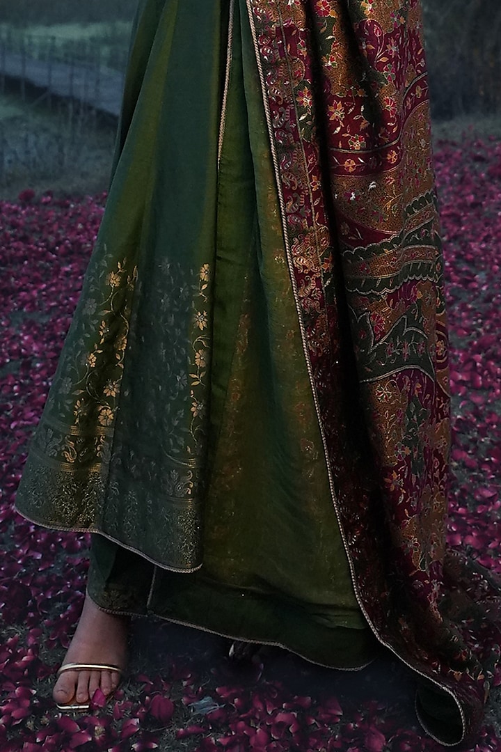 Forest Green Vegan Silk Woven Wedding Anarkali Set by Safaa at Pernia's Pop Up Shop