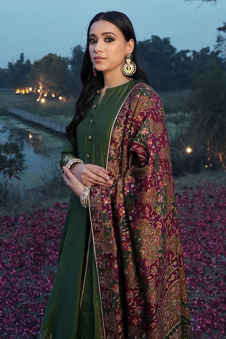 Forest Green Vegan Silk Woven Wedding Anarkali Set by Safaa at Pernia's Pop Up Shop