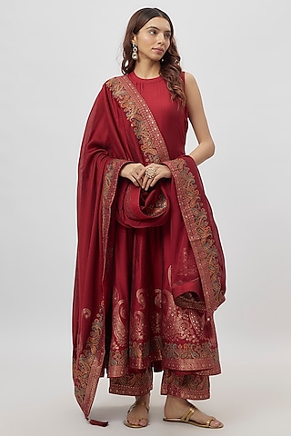 Red Vegan Silk Zari Work Anarkali Set by Safaa