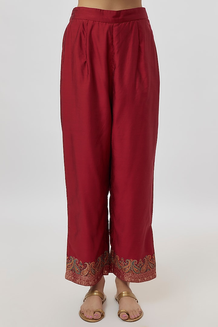Red Vegan Silk Zari Work Wedding Anarkali Set by Safaa at Pernia's Pop Up Shop