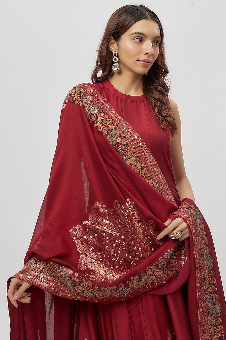 Red Vegan Silk Zari Work Wedding Anarkali Set by Safaa at Pernia's Pop Up Shop
