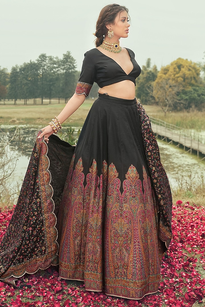 Black Vegan Silk Wedding Lehenga Set by Safaa at Pernia's Pop Up Shop