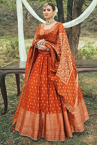 Rust Vegan Silk Lehenga Set by Safaa