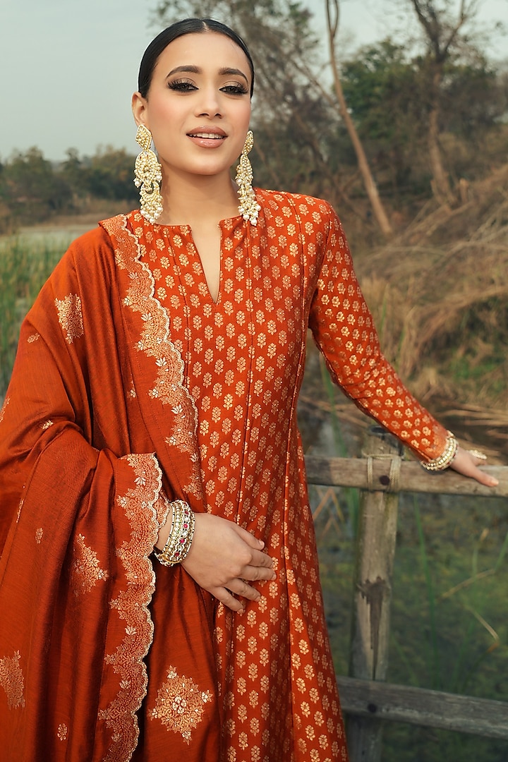 Burnt Orange Vegan Silk Wedding Anarkali Set by Safaa at Pernia's Pop Up Shop