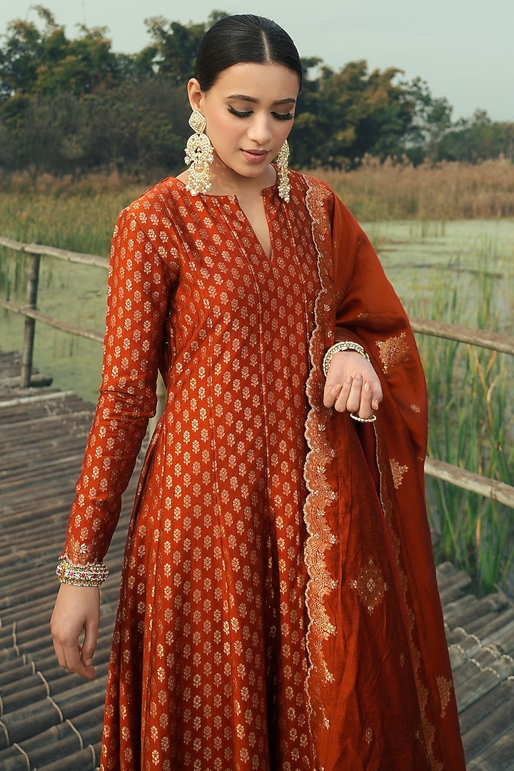 Burnt Orange Vegan Silk Wedding Anarkali Set by Safaa at Pernia's Pop Up Shop
