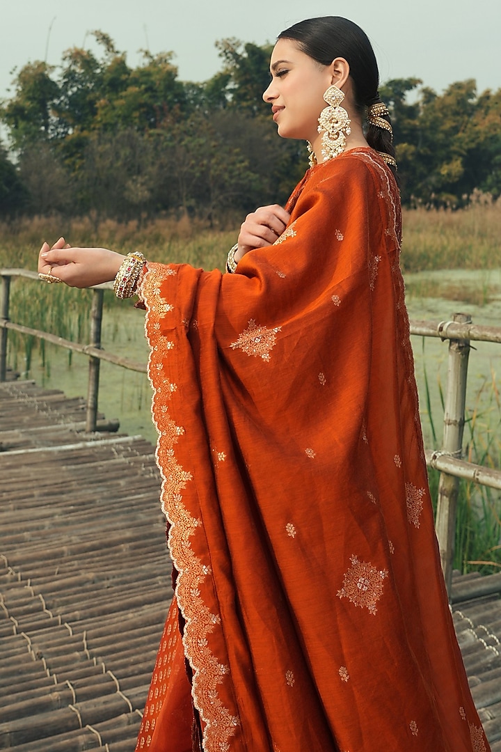 Burnt Orange Vegan Silk Wedding Anarkali Set by Safaa at Pernia's Pop Up Shop