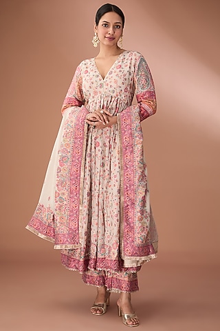 Multi-Colored Vegan Silk Zari Embroidered Anarkali Set by Safaa