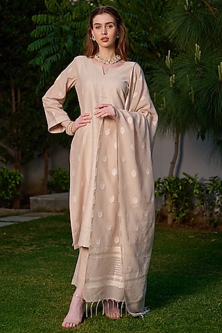 Light Beige Vegan Silk Chikankari Woven Kurta Set by Safaa