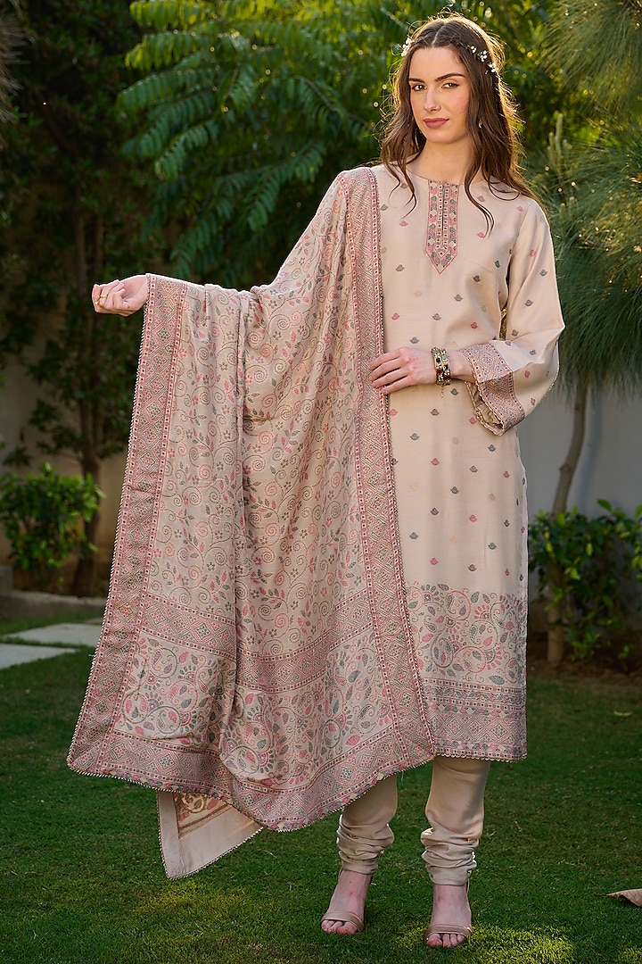 Beige Vegan Silk Embroidered Kurta Set by Safaa at Pernia's Pop Up Shop