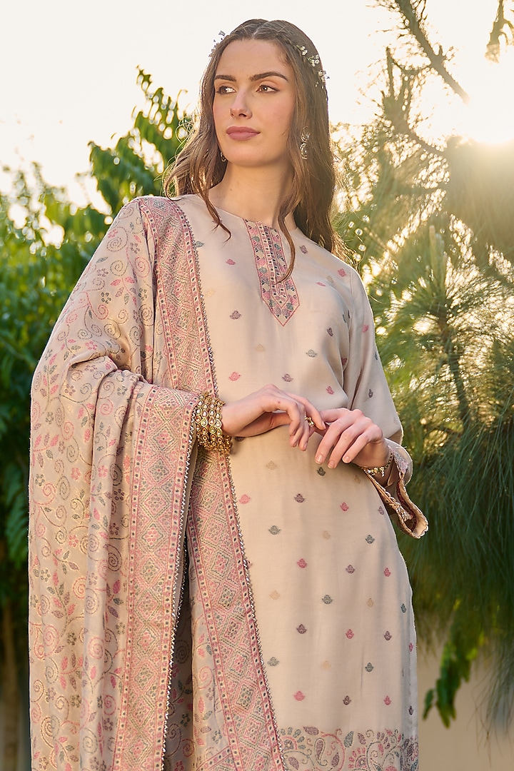 Beige Vegan Silk Embroidered Kurta Set by Safaa at Pernia's Pop Up Shop
