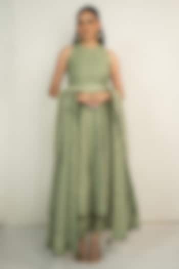 Sage Green Vegan Silk Chikankari Halter Wedding Anarkali Set by Safaa at Pernia's Pop Up Shop