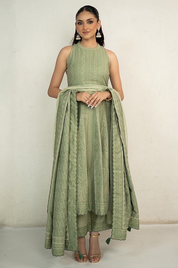 Sage Green Vegan Silk Chikankari Halter Wedding Anarkali Set by Safaa at Pernia's Pop Up Shop