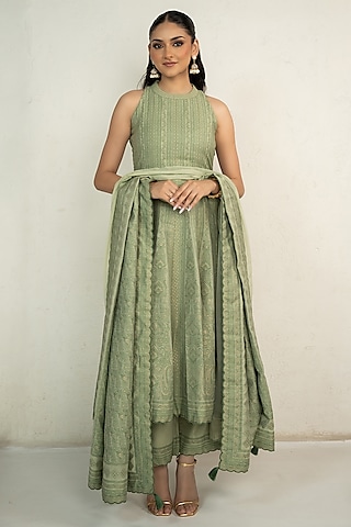 Sage Green Vegan Silk Chikankari Halter Anarkali Set by Safaa