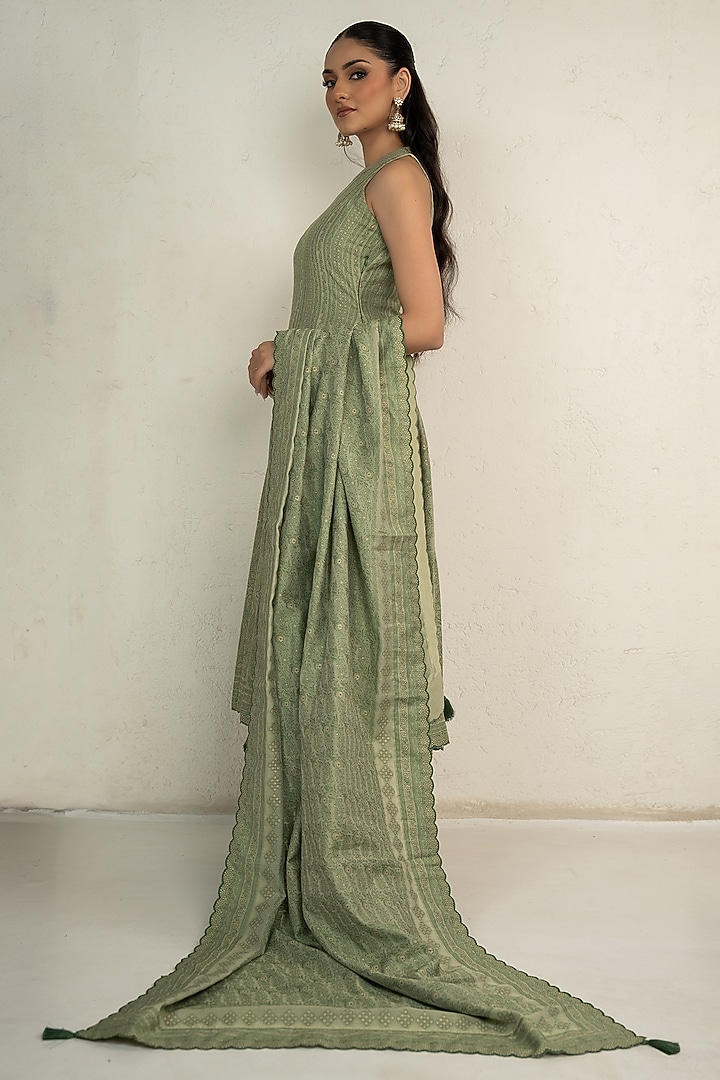 Sage Green Vegan Silk Chikankari Halter Wedding Anarkali Set by Safaa at Pernia's Pop Up Shop