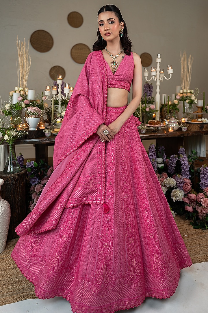 Pink Vegan Silk Chikankari Wedding Lehenga Set by Safaa at Pernia's Pop Up Shop