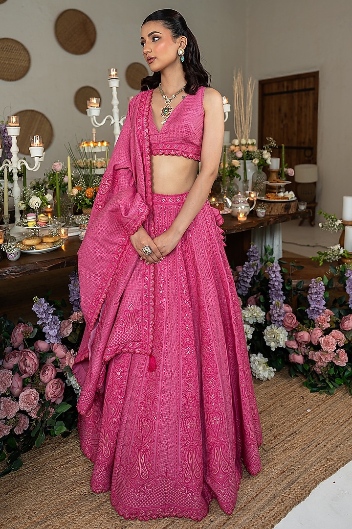 Pink Vegan Silk Chikankari Wedding Lehenga Set by Safaa at Pernia's Pop Up Shop