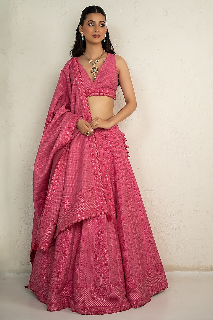 Pink Vegan Silk Chikankari Wedding Lehenga Set by Safaa at Pernia's Pop Up Shop