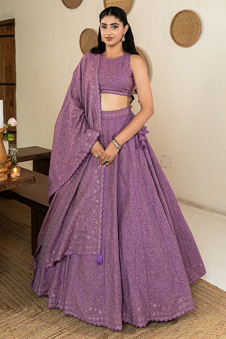 Violet Vegan Silk Chikankari Embroidered Wedding Lehenga Set by Safaa at Pernia's Pop Up Shop