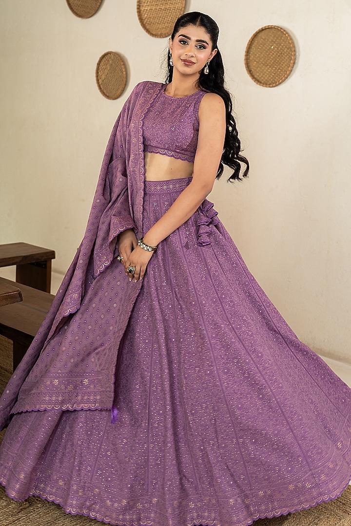 Violet Vegan Silk Chikankari Embroidered Wedding Lehenga Set by Safaa at Pernia's Pop Up Shop