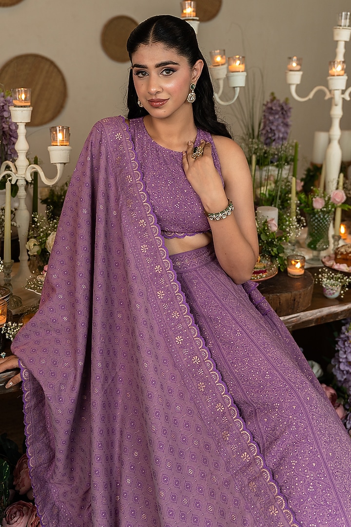 Violet Vegan Silk Chikankari Embroidered Wedding Lehenga Set by Safaa at Pernia's Pop Up Shop