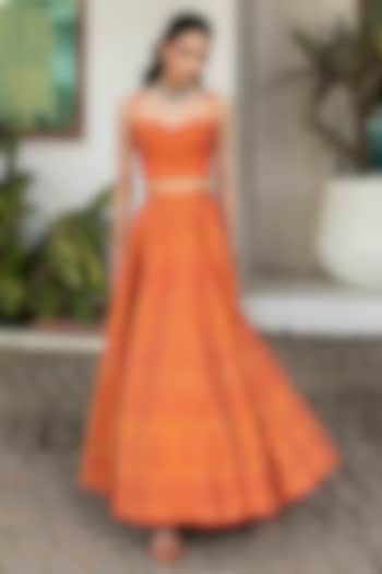 Tangerine Vegan Silk Chikankari Skirt Set by Safaa at Pernia's Pop Up Shop