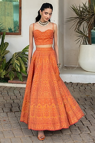 Tangerine Vegan Silk Chikankari Skirt Set by Safaa