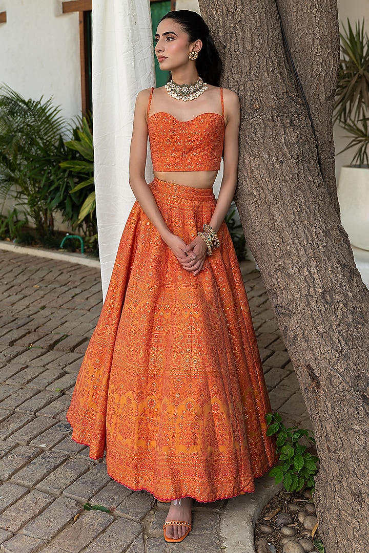Tangerine Vegan Silk Chikankari Skirt Set by Safaa at Pernia's Pop Up Shop
