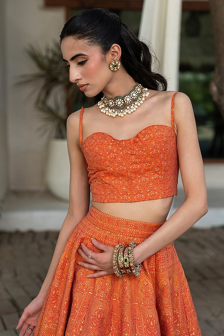 Tangerine Vegan Silk Chikankari Skirt Set by Safaa at Pernia's Pop Up Shop