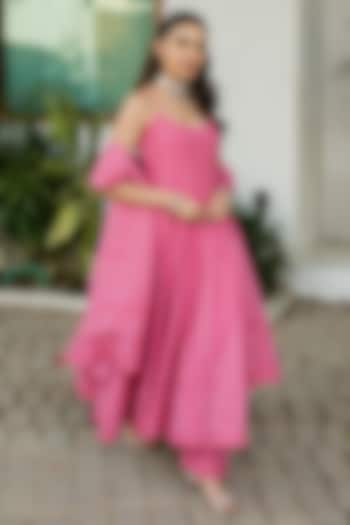 Fuchsia Pink Vegan Silk Chikankari Wedding Anarkali Set by Safaa at Pernia's Pop Up Shop